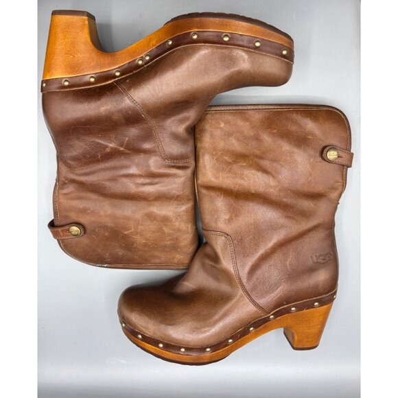 UGG Womens Boots‎ 7 Lynnea Brown Leather Mid Calf Heeled Clog Boots - Picture 5 of 10
